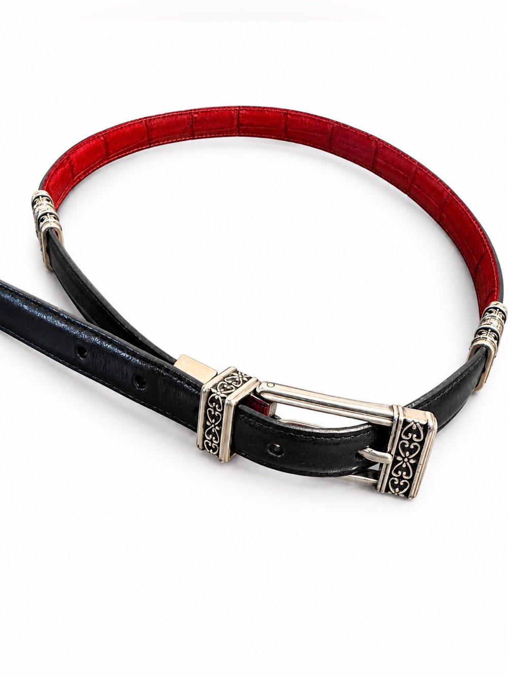 Brighton Reversible Black & Red Leather Belt with Ornate Silver Buckle Size M